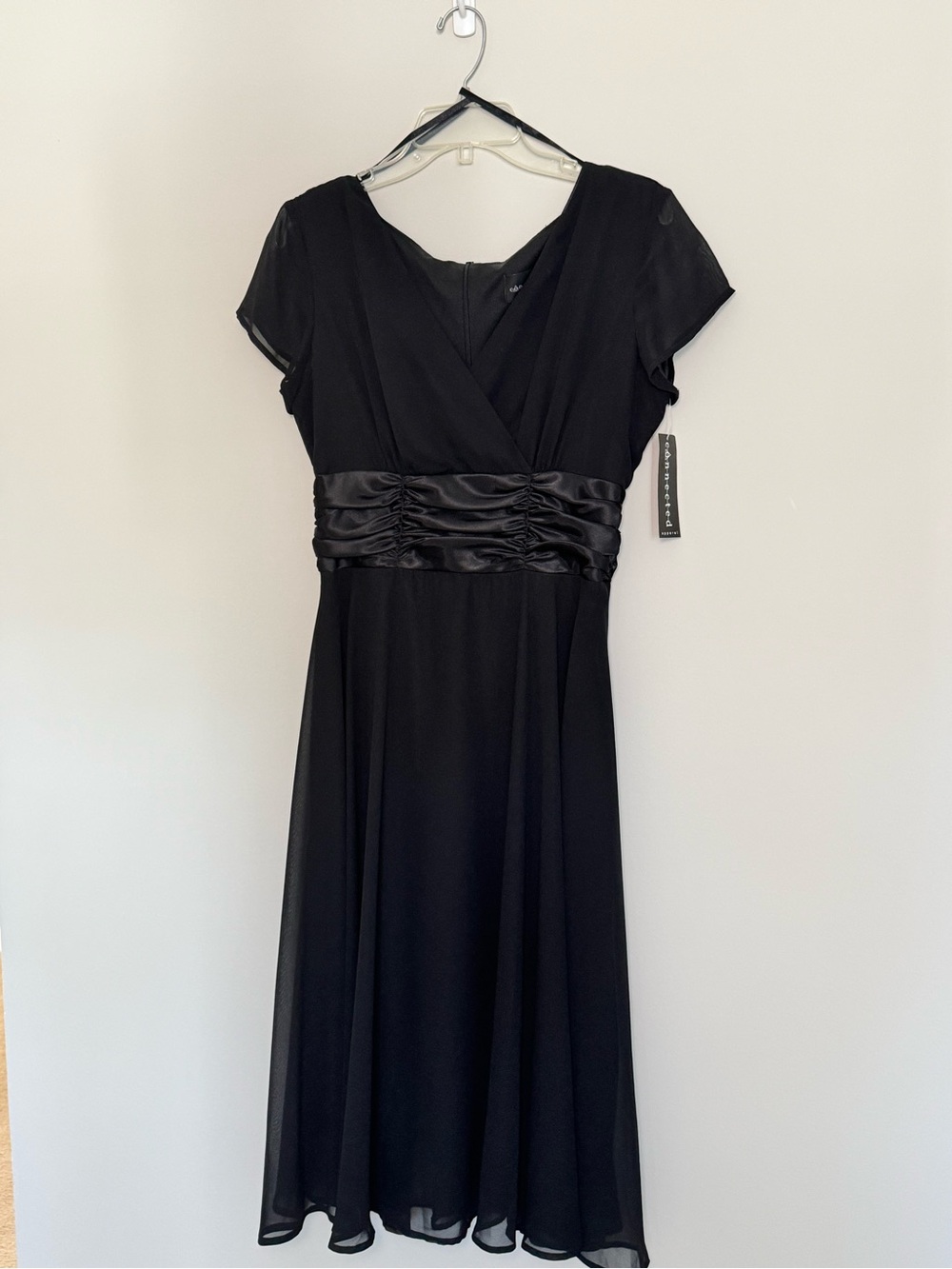 Connected Apparel Black V-Neck Ruched-Waist Midi Dress for Wedding/Formal Event